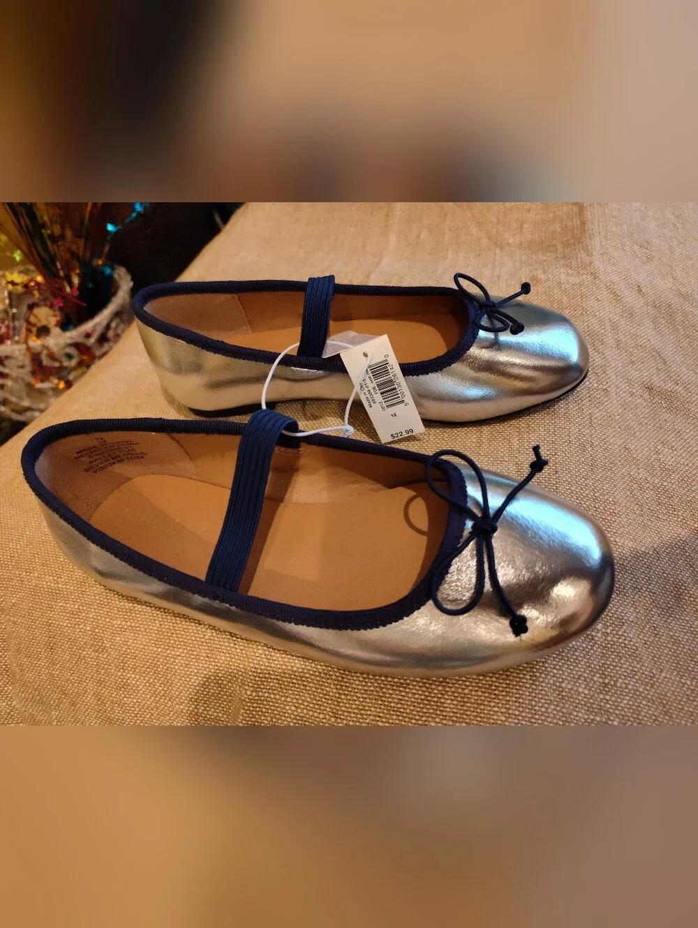 Silver Metallic Ballet Flats with Navy Trim